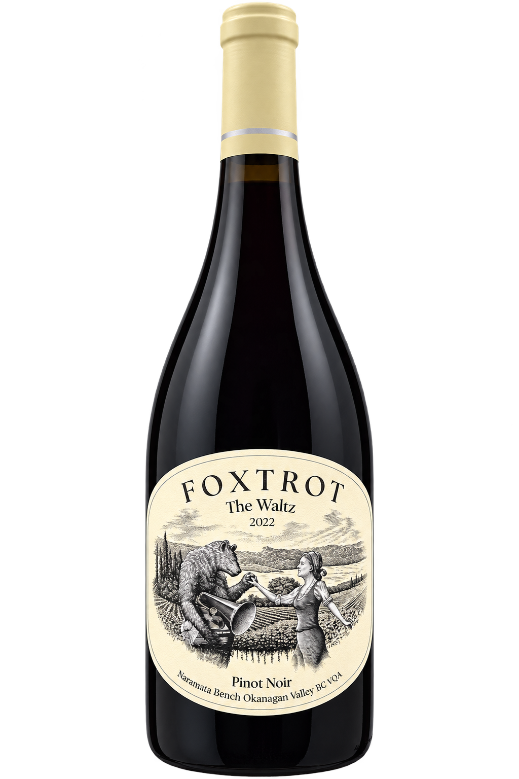 A bottle of Foxtrot wine on a dark background